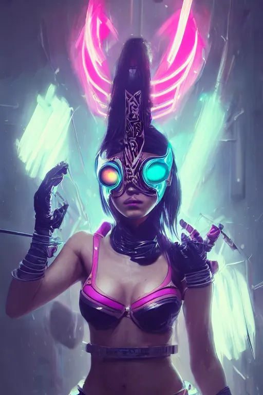 Image similar to akali from league of legends, cyberpunk futuristic neon. wearing ninja face mask decorated with traditional japanese ornaments by ismail inceoglu dragan bibin hans thoma greg rutkowski alexandros pyromallis nekro rene maritte illustrated, perfect face, fine details, realistic shaded, fine - face, pretty face, masterpiece