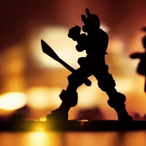 Image similar to a 2 8 mm macro photo of league of legends in silhouette in the 1 9 7 0 s, bokeh, canon 5 0 mm, cinematic lighting, dramatic, film, photography, golden hour, depth of field, award - winning, 3 5 mm film grain, low angle