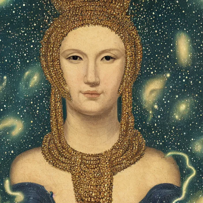 Image similar to a closeup portrait of an eel goddess, in a nebula, early netherlandish painting,