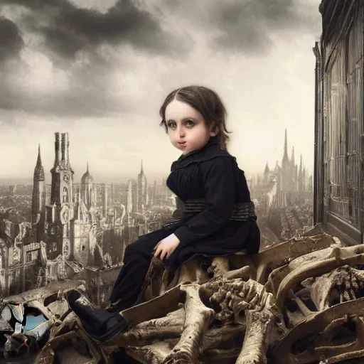 Image similar to a photo of young sad victorian gothic child with big eyes and wide grin sitting on a sofa of bones surrounded by a cyber futuristic cityscape made of human body parts, ultra detailed, 8 k resolution, beautiful lighting, expansive detailed layered city, landscape, 5 0 mm, perfect faces