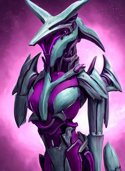 Image similar to cinematic bust shot, cosmic beautiful stunning giant robot mecha hot female dragon goddess, sharp spines, sharp metal ears, smooth purple eyes, smooth fuschia skin, elegant smooth silver armor, nebula size, epic proportions, epic scale, macro furry, furry art, dragon art, goddess art, giantess art, warframe, warframe fanart, furaffinity, octane