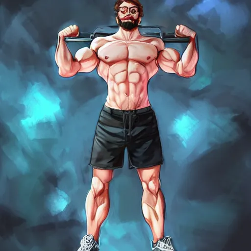 Image similar to Gigachad Sam Hyde flexing muscular body, wearing black shorts and white sneaker shoes, portrait of by Stanley Artgerm Lau, WLOP, Rossdraws, James Jean, Andrei Riabovitchev, Marc Simonetti, Yoshitaka Amano, ArtStation, CGSociety,