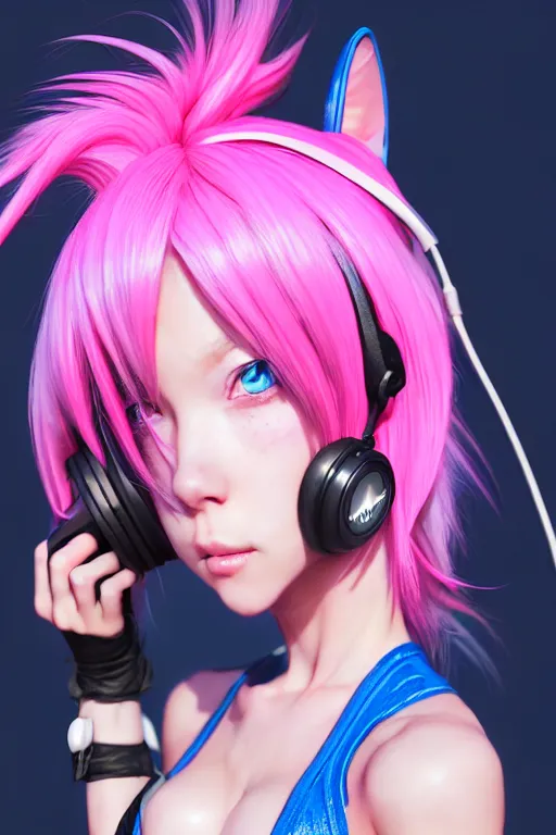 Prompt: a catgirl with pink headphone and blue hair, occlusion shadow, specular reflection, rim light, unreal engine, octane render, artgerm, artstation, art by hiroaki samura and jiro matsumoto and yusuke murata, high quality, intricate detailed 8 k, fantasy illustration, extremely beautiful and aesthetic shape of body