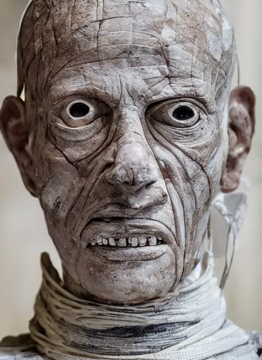 Image similar to mummified pope in his throne at the vatican, desiccated, close - up portrait, mitre, hyper realistic, sharp focus, highly detailed