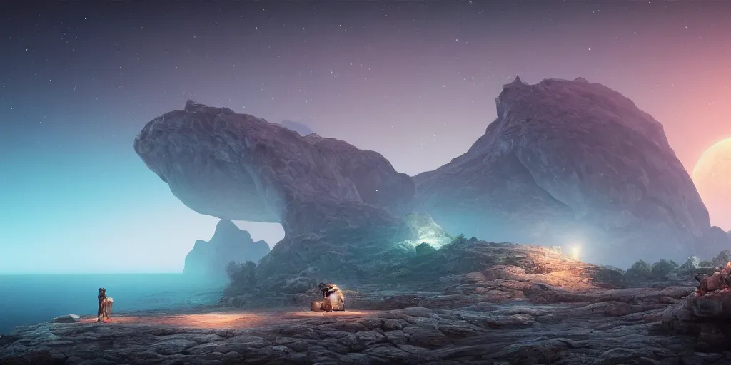 Image similar to dreamy moonlit landscape of a socotra island, realistic detailed digital art by Maxwell Boas Jessica Rossier Christian Dimitrov Anton Fadeev trending on Artstation CGSociety rendered in Unreal Engine 4k HQ