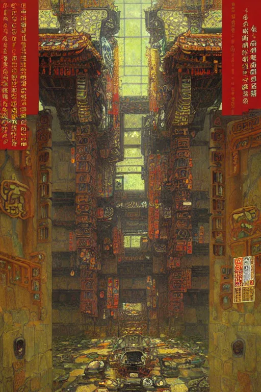 Image similar to cyberpunk chinese ancient castle, fantasy, painting by Gustav Klimt, greg rutkowski and alphonse mucha