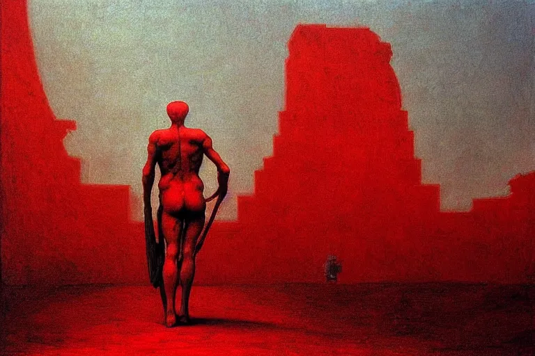 Image similar to only with red, caesar after war, a red tiger, in hoc signo vinces, rome in background, an ancient path, in the style of beksinski, part by hopper, part by rodcenko, part by hofbauer, intricate composition, red by caravaggio, insanely quality, highly detailed, masterpiece, red light, artstation