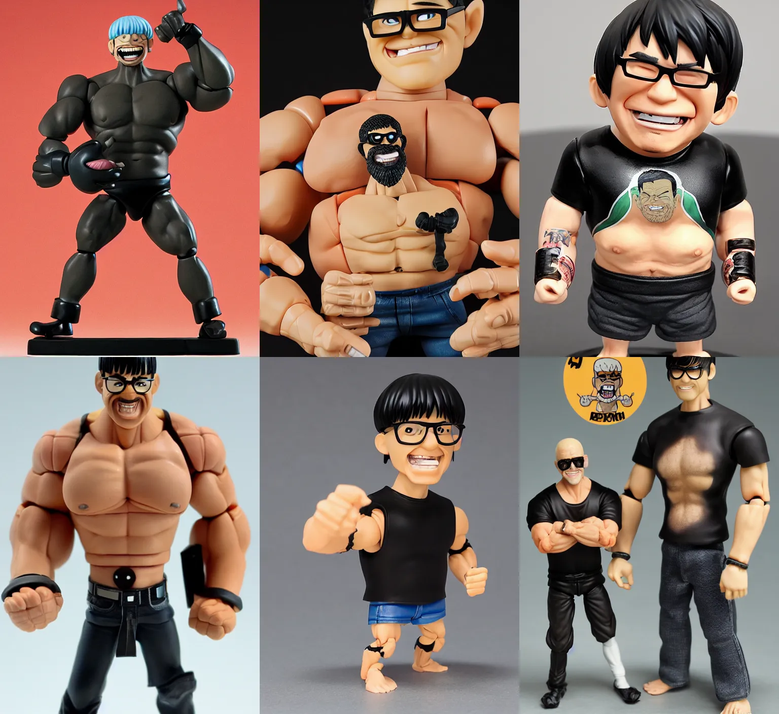 Prompt: plastic action figure of a buff smiling man with long stubble, muscular neck, rectangular square shaped glasses and a black bowl cut, wearing a black tshirt by kim jung gi, ric estrada, ron english and eiichiro oda