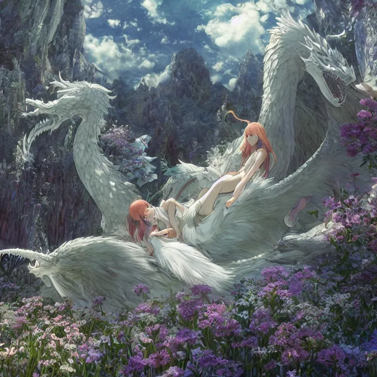 Image similar to the beautiful hyper detailed scene render that a lonely beautiful girl lies in the arms of a huge silver white dragon alone in fairyland surrounded by white clouds, finely detailed angelic face delicate features, style of studio ghibli, makoto shinkai, raphael lacoste, louis comfort tiffany, artgerm, james jean, ross tran, animation style, hd, ultra wide angle