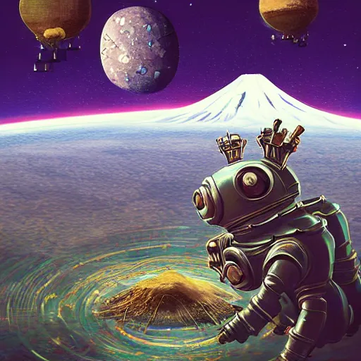 Image similar to On the morning of the robot queen's coronation, The Mekanik Doll, chubby moss kitten, Mount Fuji seen from the International Space Station, the theme of Alice in Wonderland, digital painting, concept art, illustration, deep dark, artstation, intricate, beautiful and thematically complex, ue5, by Dylan Kowalski and deiv calviz