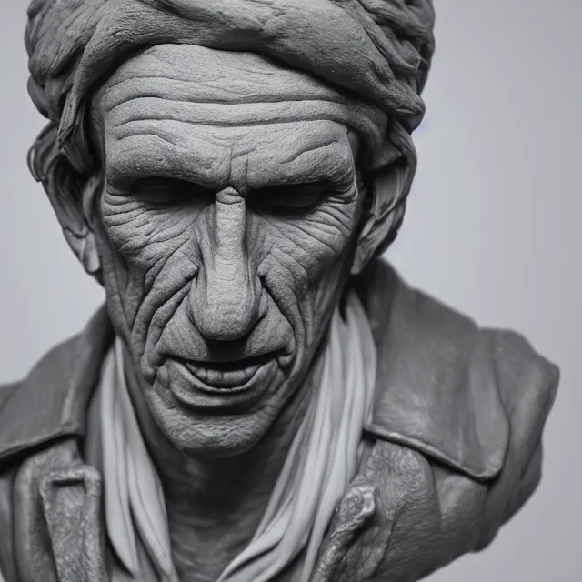 Image similar to photography of a bust of Keith Richards made of clay by Sebastian Kruger and Michelangelo, 50mm, studio atmosphere, 8K, rim light, octane render, ultra-realistic