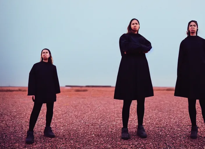 Image similar to cinestill 5 0 d closeup photographic portrait of two clones in front of a brutalist metal building, techwear women, on a desolate plain, red sky, black oversized clothes, depth of field, 4 k, 8 k, hd, full color