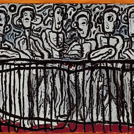 Prompt: expressive eldritch, sabattier filter by jean dubuffet. a painting of a group of people on a balcony, looking down at a street scene below. the painting is set in the rue des petits augustins, a street in paris's left bank district.