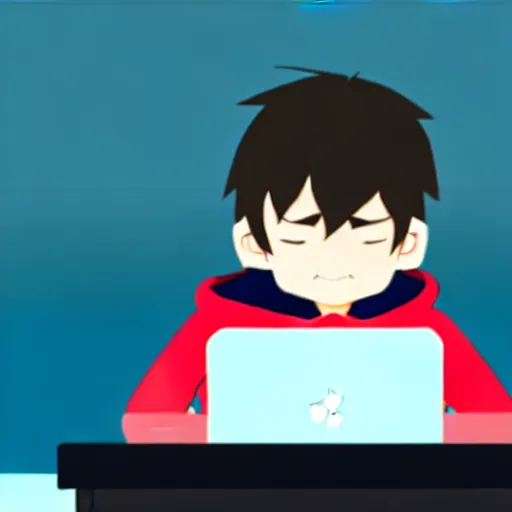 Prompt: a smart teenager boy with a black hoodie sitting behind his laptop and programming, anime art style