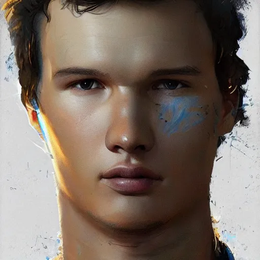 Image similar to portrait of a man by greg rutkowski, he looks like ansel elgort, he is wearing a blue and white kevlar gear with a cape, highly detailed portrait, digital painting, artstation, concept art, smooth, sharp foccus ilustration, artstation hq