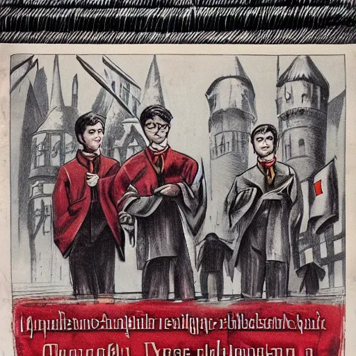 Prompt: Harry Potter and russian soviet revolution, colored, red flags