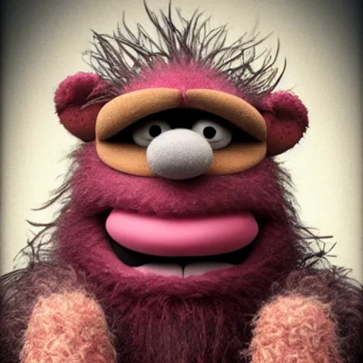 Image similar to a still of a forgotten muppet character looking very manly and modern, hilarious, laughing, hairy chest, huge chin, manly monster tough guy, roughled fur, photo real, photographic, photograph, artstation, trending, featured