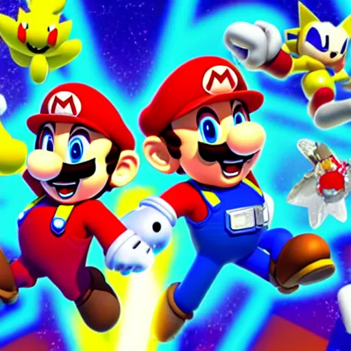 Prompt: super mario, kirby, sonic the hedgehog, super smash bros, star wars themed movie poster high detail accurate eyes and good gesture poses, pokemon anime cartoon style