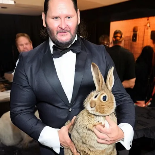 Image similar to keanue reeves posing with a rabbit wearing a john wick costume