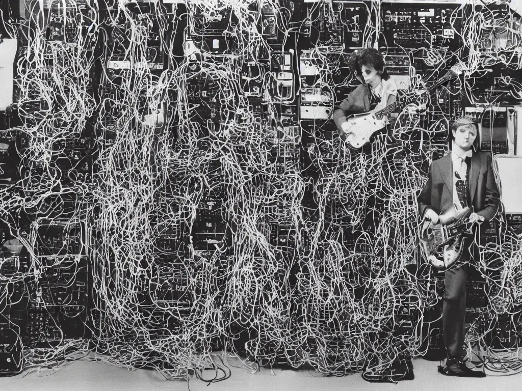 Image similar to 1980s photograph of a man made of electric guitars, wires and 80s modular synthesizers