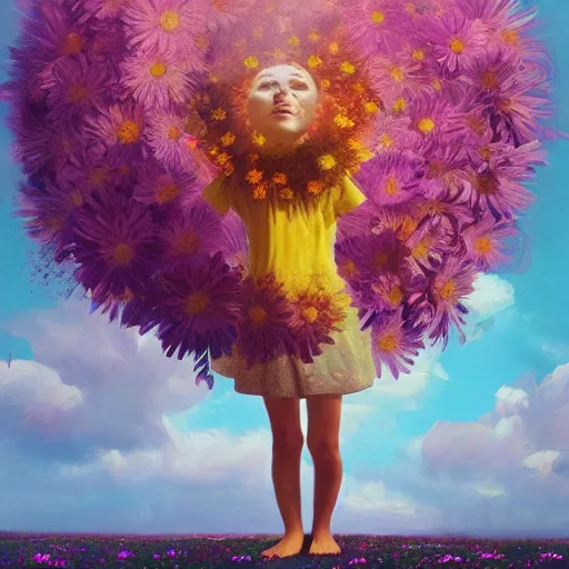 Prompt: head made of giant daisies, smiling girl standing barefoot in a vast flower field, arms outstretched, surreal photography, sunrise dramatic light, impressionist painting, colorful clouds, large sky, digital painting, artstation, simon stalenhag, flower face