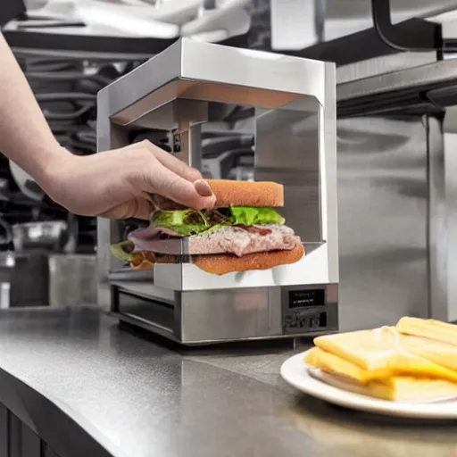 Prompt: A home nanotech fabrication appliance fabricating a sandwich