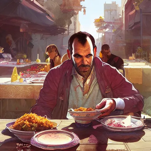 Prompt: trevor philips eating moroccan tagine, highly detailed, digital painting, artstation, concept art, smooth, sharp focus, illustration, art by artgerm and greg rutkowski and alphonse mucha