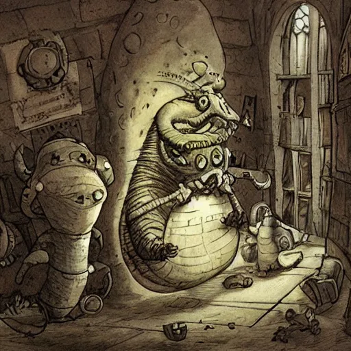 Image similar to giant slug runs amuck in hogwart lab with students, by jean - baptiste monge!!!