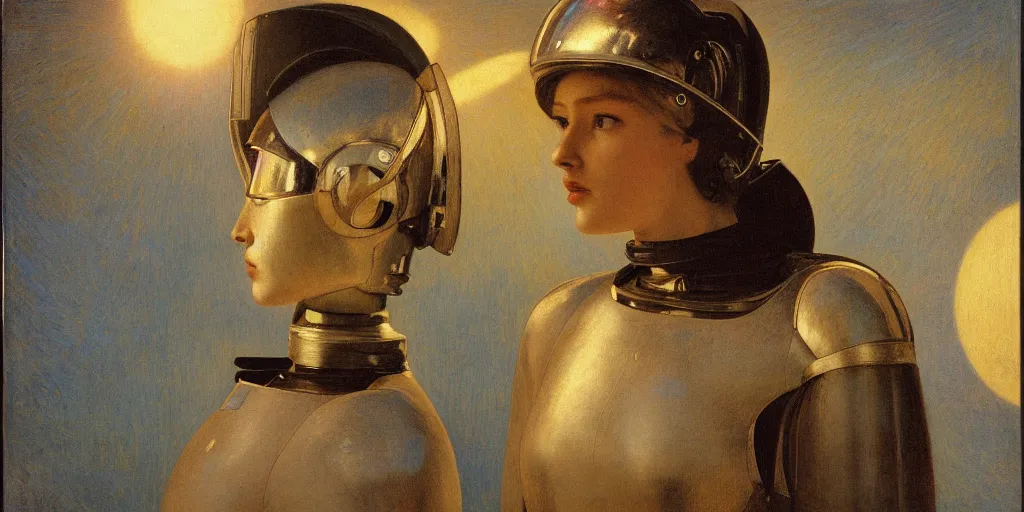 Prompt: portrait of a beautiful chrome female robot wearing a space helmet, reflections, mirroring, warm azure tones, heavy lensflare, color bleed, film grain, depth of field, jules bastien - lepage, rudolph belarski, johfra bosschart, alexandre cabanel