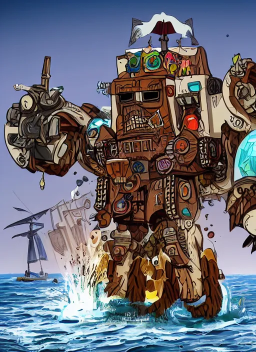 Image similar to A bearded pirate driving a giant wooden bipedal autobot transformer made out of pirate ship, mech suit, canons on arms, wooden mast for legs, sails, digital art