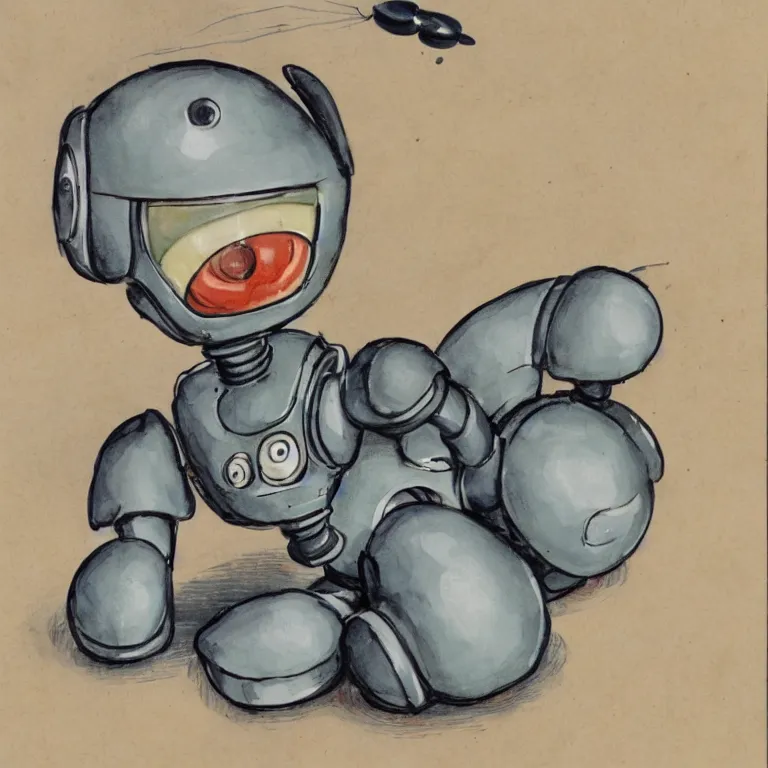 Image similar to a cute robo - puppy. alcohol ink on parchment, muted colors, detailed, textured parchment background, 1 9 5 0 s concept art, jetsons