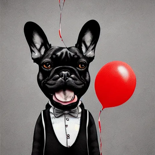 Image similar to surrealism grunge cartoon portrait sketch of a french bulldog with a wide smile and a red balloon by - michael karcz, loony toons style, pennywise style, chucky style, horror theme, detailed, elegant, intricate