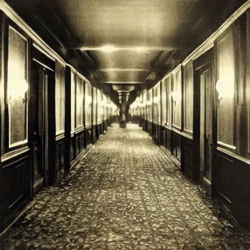 Prompt: “long hallway in a hotel at night, 1900’s photo”