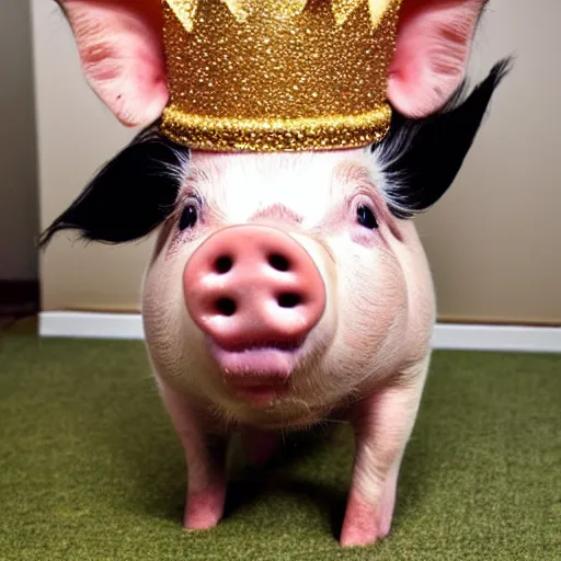 Image similar to pig wearing a gold crown in the style of sesame street