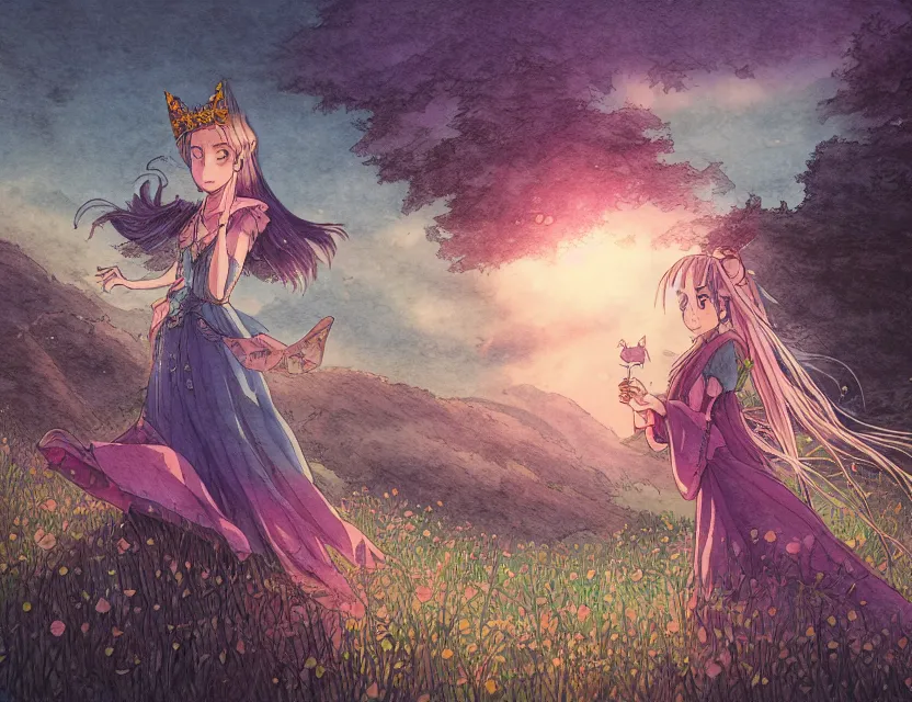 Prompt: princess of dusk at the alpine meadow. color ink wash by award - winning mangaka, chiaroscuro, bokeh, backlighting, intricate details