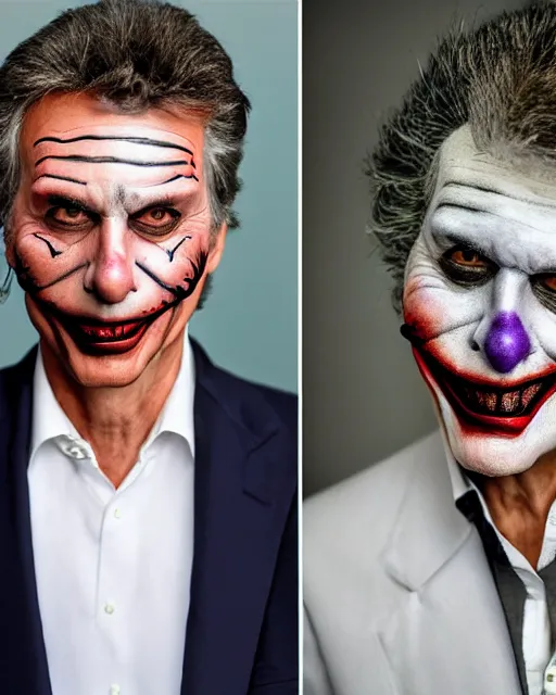 Image similar to Mauricio Macri in Elaborate Joker Makeup and prosthetics designed by Rick Baker, Hyperreal, Head Shots Photographed in the Style of Annie Leibovitz, Studio Lighting, Mauricio Macri throwing cats to the camera