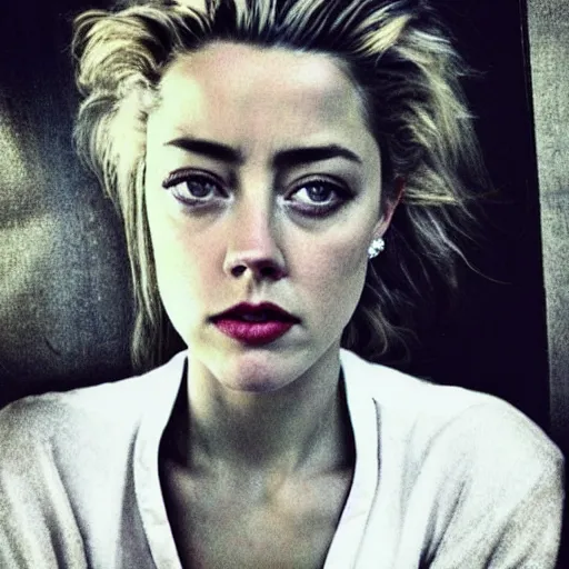 Image similar to “amber heard in shackles, crying, sad, prison clothes, distress, paparazzi photograph”