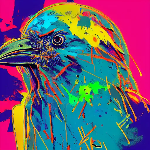 Prompt: illustration of cyberpunk raven, colorful splatters, by andy warhol and by zac retz and by kezie demessance