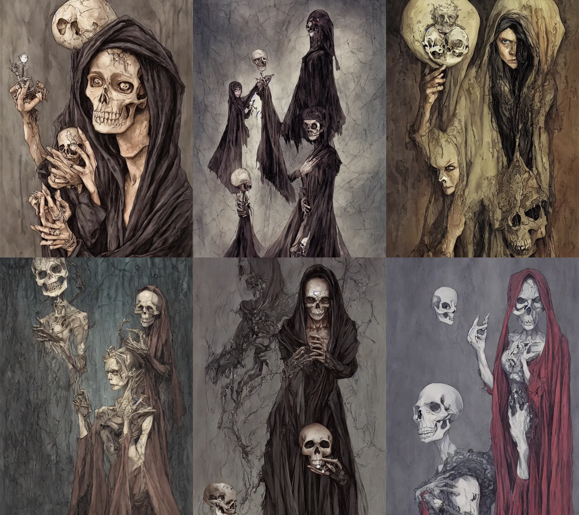 Prompt: A beautiful which stare at a skull she hold in her hand. She wear a long dark robe. By Régis Loisel and Enki Bilal and Tony Sandoval and Oliver Ledroit. Oil painting