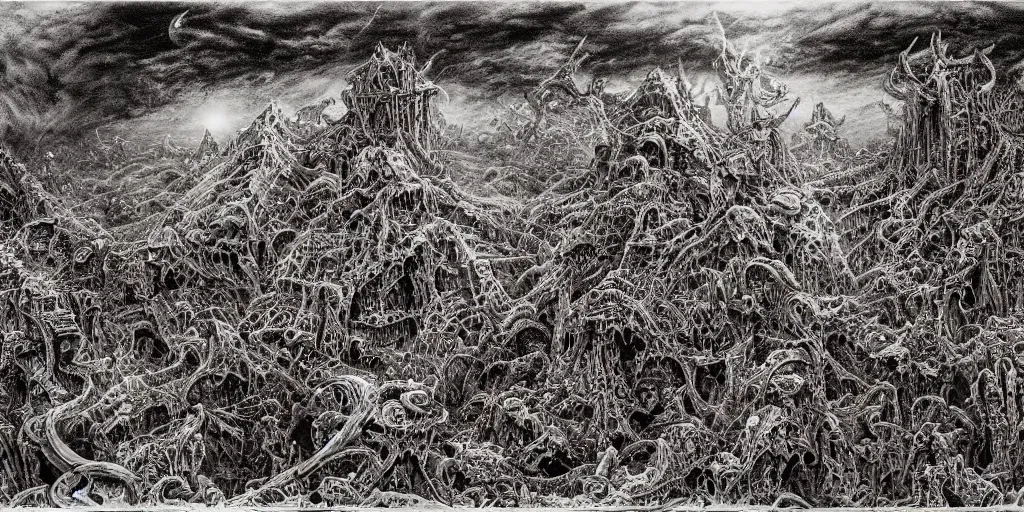 Image similar to ian miller, realms of chaos, landscape, terrifying, ultra detailed