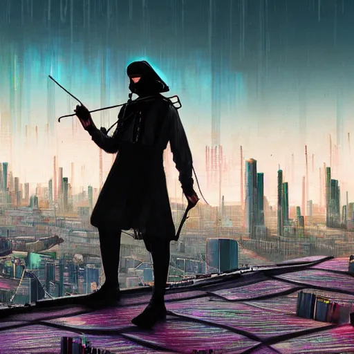 Image similar to cyberpunk Fiddler on the Roof