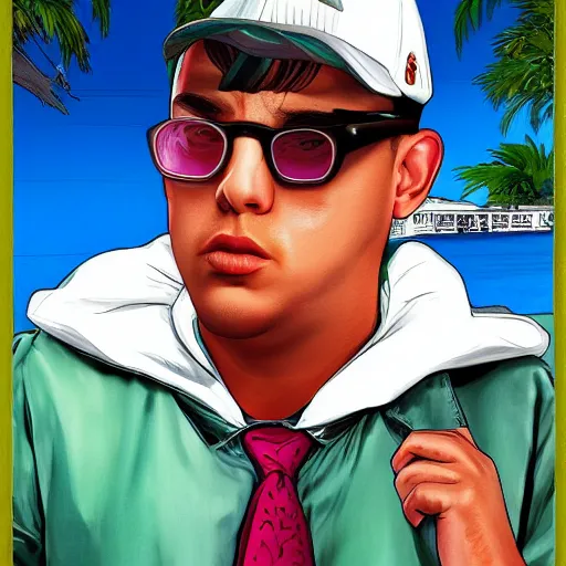 Image similar to benito antonio martinez ocasio bad bunny in gta v cover art by steven bliss, cover art, box art, loading screen