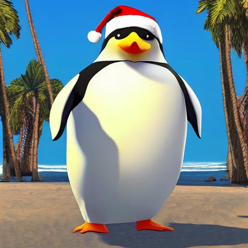 Prompt: anthropomorphic fat penguin, GTA 5 loading screen, Santa Monica Beach,concept art