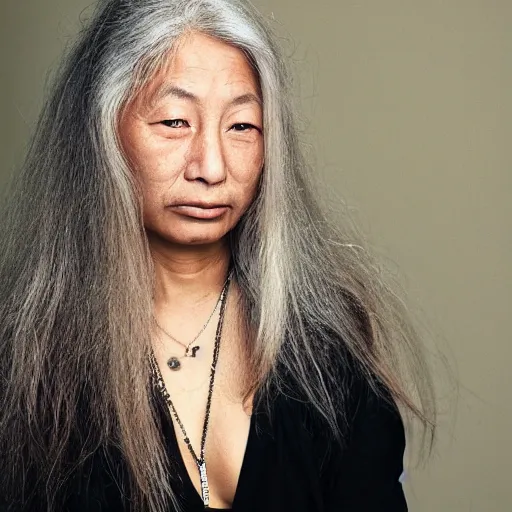 Image similar to candid portrait photograph of a tanned asian egirl with long silver hair, taken by annie leibovitz