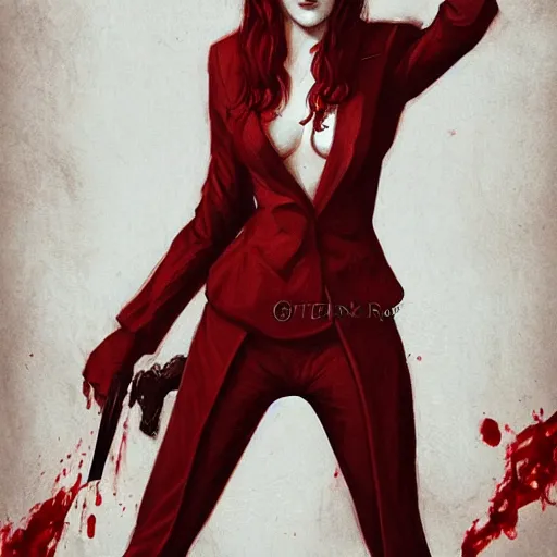 Image similar to portrait of riley keough in bloody business suit, blood red eyes, vampire fangs, fantasy, intricate, elegant, highly detailed, digital painting, artstation, concept art, matte, sharp focus, illustration, art by aenaluck and roberto ferri and greg rutkowski, epic fantasy, digital painting