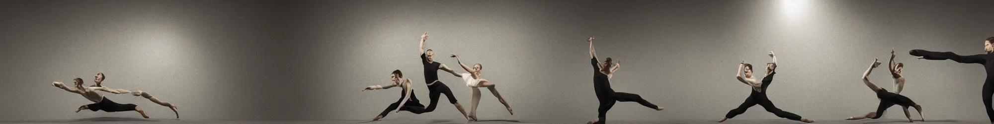 Prompt: ensemble of sisyphus in green-screen suits pushing a boulder through an empty space, white background, ballet performance photography