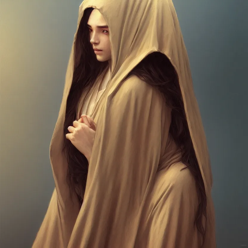 Image similar to Portrait of a young woman wearing a hooded robe, non-centered shot, unique pose, intricate, elegant, highly detailed, digital painting, artstation, concept art, smooth, sharp focus, illustration, art by artgerm and greg rutkowski and alphonse mucha, by beksinski