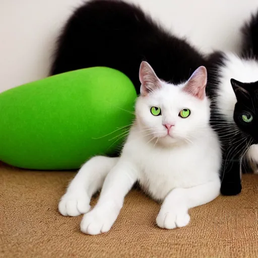 Image similar to [white cat with green eyes] to the left in the picture, [black cat with yellow eyes], to the right in the picture