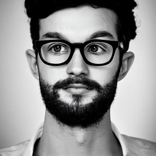 Prompt: black and white photo portrait of a handsome guy wearing very cool hipster retro design eyeglasses