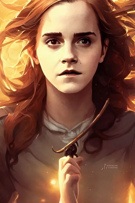 Image similar to Poster artwork, Emma Watson as Hermione Granger, magnificent, medium shot, close up, details, sharp focus, elegant, highly detailed, illustration, by Jordan Grimmer and greg rutkowski and PiNe(パイネ) and 薯子Imoko and 香川悠作 and wlop!! and maya takamura, intricate, beautiful, Trending artstation, pixiv, digital Art